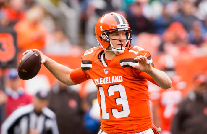 Former Browns quarterback Josh McCown fires a pass, 2016. On Oct. 11, 2015, McCown passed for 457 yards against the Ravens to set a franchise record for a single regular-season game.